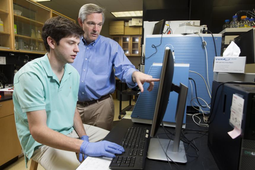 (L) Georgia Research Alliance (GRA) eminent scholar Robert Haltiwanger working with a graduate student at a biosafety cabinet in the laboratory.